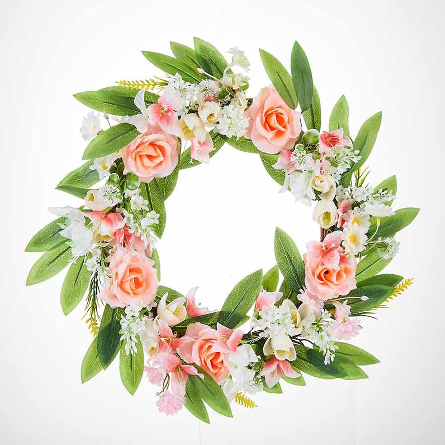 Milalit 46cm New Spring Summer Fall Pink Rose Wreath for Front Door Fence Wall Hanging Garden Christmas Gate Decor with Artificial Flower Green Leaves