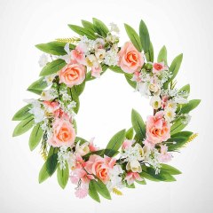 Milalit 46cm New Spring Summer Fall Pink Rose Wreath for Front Door Fence Wall Hanging Garden Christmas Gate Decor with Artificial Flower Green Leaves