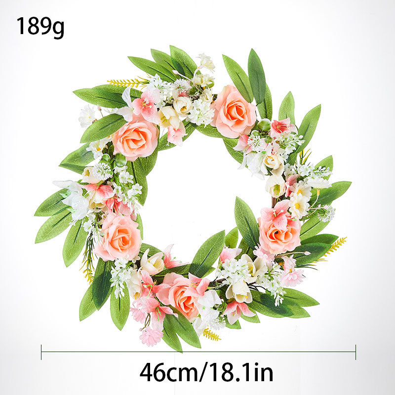 Milalit 46cm New Spring Summer Fall Pink Rose Wreath for Front Door Fence Wall Hanging Garden Christmas Gate Decor with Artificial Flower Green Leaves