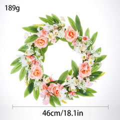 Milalit 46cm New Spring Summer Fall Pink Rose Wreath for Front Door Fence Wall Hanging Garden Christmas Gate Decor with Artificial Flower Green Leaves