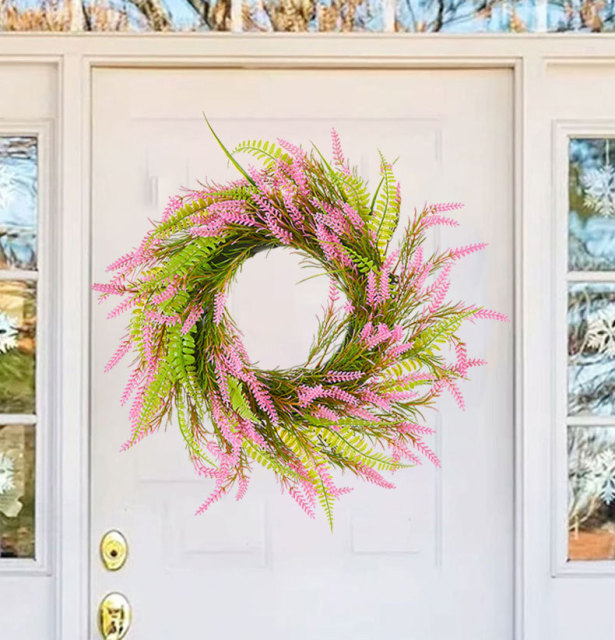 Milalit 15.7 inch 40cm Diameter Artificial Pink Lavender Green Leaves Spring Summer Fall Wheat Shape Flower Wreath for Front Door Gate Fence Wall Hanging Cabinet Decor