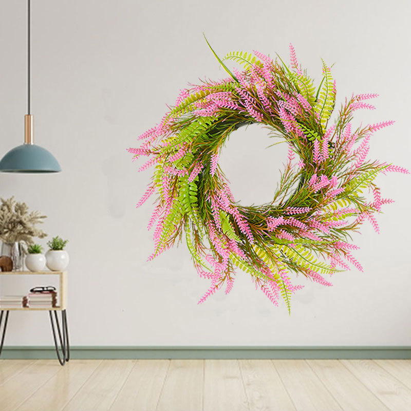 Milalit 15.7 inch 40cm Diameter Artificial Pink Lavender Green Leaves Spring Summer Fall Wheat Shape Flower Wreath for Front Door Gate Fence Wall Hanging Cabinet Decor