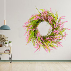 Milalit 15.7 inch 40cm Diameter Artificial Pink Lavender Green Leaves Spring Summer Fall Wheat Shape Flower Wreath for Front Door Gate Fence Wall Hanging Cabinet Decor