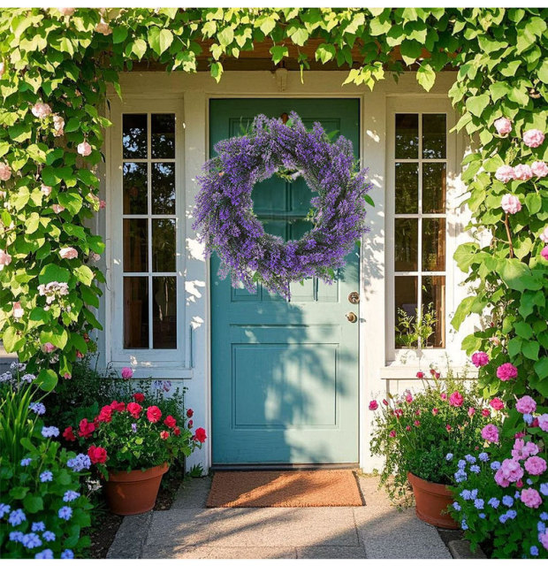 Milalit 37cm 14.5 inch Diameter Artificial Simulation Purple Lavender Flower Wreath for Romantic Wedding Proposal Date Party Ceremony Wall Mounted Wreath Garland for Farmhouse Indoor Outdoor Home Art Office Front Gate Fence Door Decoration