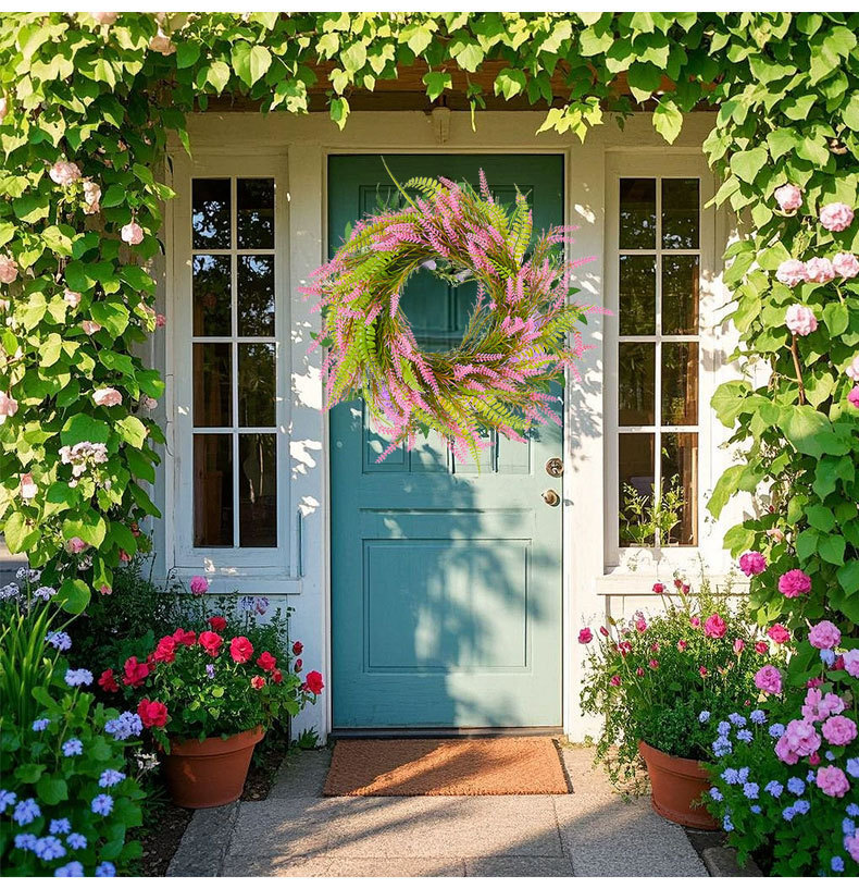 Milalit 15.7 inch 40cm Diameter Artificial Pink Lavender Green Leaves Spring Summer Fall Wheat Shape Flower Wreath for Front Door Gate Fence Wall Hanging Cabinet Decor