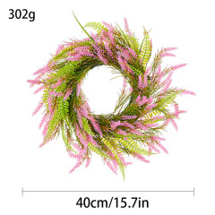 Milalit 15.7 inch 40cm Diameter Artificial Pink Lavender Green Leaves Spring Summer Fall Wheat Shape Flower Wreath for Front Door Gate Fence Wall Hanging Cabinet Decor