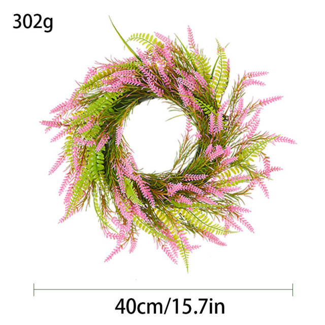 Milalit 15.7 inch 40cm Diameter Artificial Pink Lavender Green Leaves Spring Summer Fall Wheat Shape Flower Wreath for Front Door Gate Fence Wall Hanging Cabinet Decor