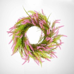 Milalit 15.7 inch 40cm Diameter Artificial Pink Lavender Green Leaves Spring Summer Fall Wheat Shape Flower Wreath for Front Door Gate Fence Wall Hanging Cabinet Decor