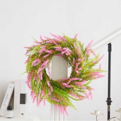 Milalit 15.7 inch 40cm Diameter Artificial Pink Lavender Green Leaves Spring Summer Fall Wheat Shape Flower Wreath for Front Door Gate Fence Wall Hanging Cabinet Decor