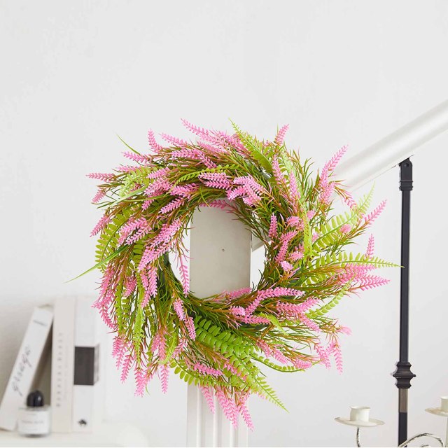 Milalit 15.7 inch 40cm Diameter Artificial Pink Lavender Green Leaves Spring Summer Fall Wheat Shape Flower Wreath for Front Door Gate Fence Wall Hanging Cabinet Decor