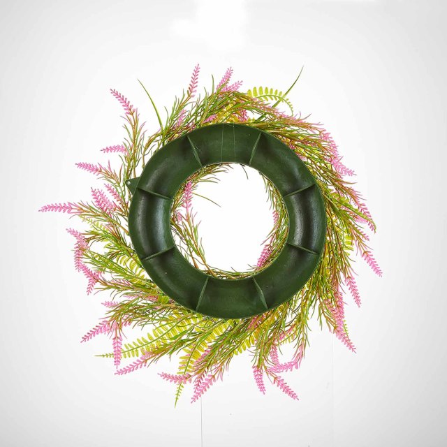 Milalit 15.7 inch 40cm Diameter Artificial Pink Lavender Green Leaves Spring Summer Fall Wheat Shape Flower Wreath for Front Door Gate Fence Wall Hanging Cabinet Decor