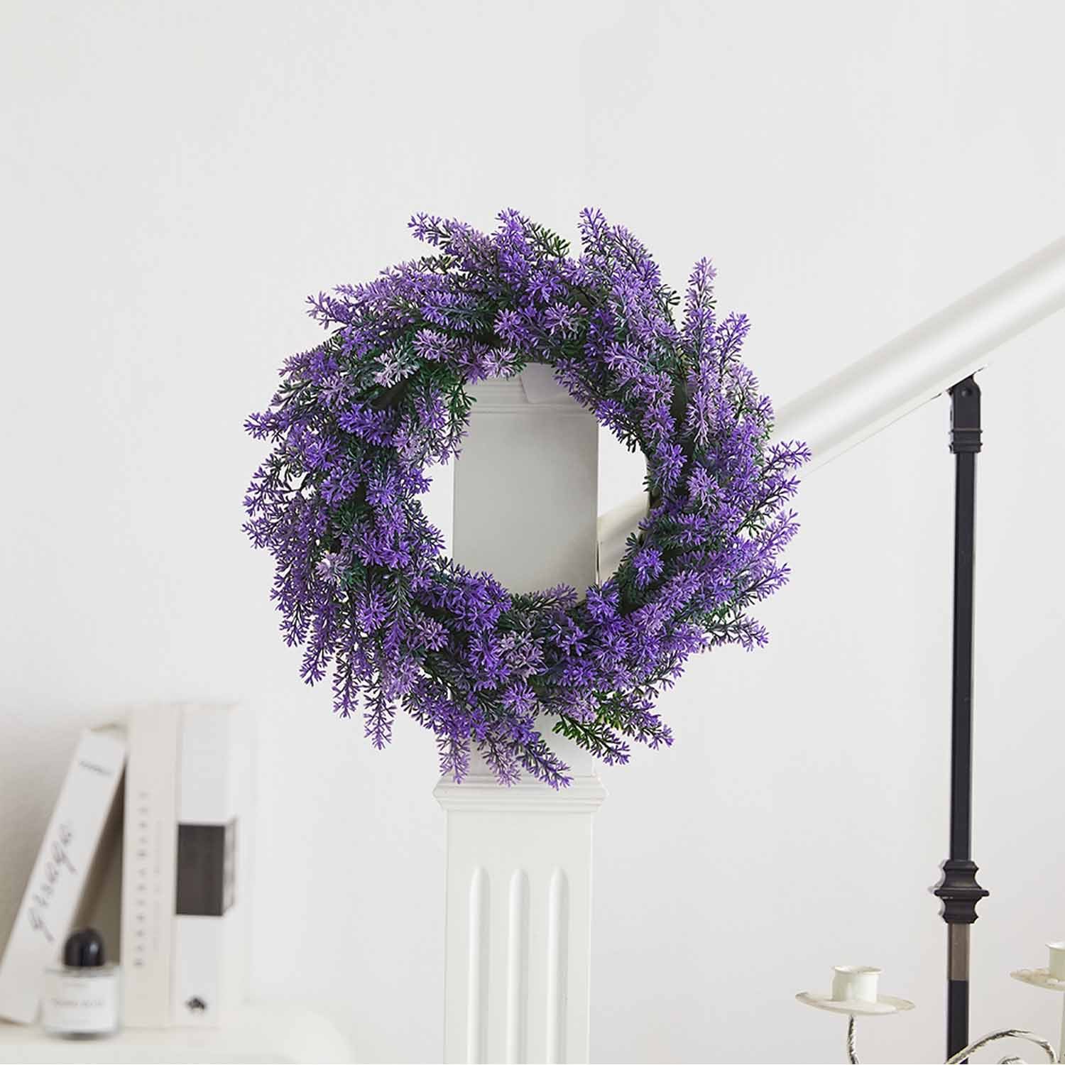 Milalit 37cm 14.5 inch Diameter Artificial Simulation Purple Lavender Flower Wreath for Romantic Wedding Proposal Date Party Ceremony Wall Mounted Wreath Garland for Farmhouse Indoor Outdoor Home Art Office Front Gate Fence Door Decoration