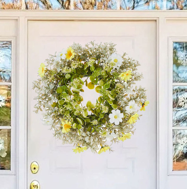 Milalit 30cm 11.8inch Small Daisy Yellow White Artificial Flowers Spring Flower with Eucalyptus Leaf Wreath for Living Room Wall Hanging 12'' Daisy Flower Wreath Eucalyptus Leaf Holly Hanging Garland for Wedding Room Church Birthday Bedroom Window Decor