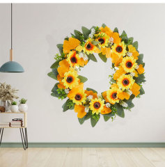 Milalit 41cm 15.7 Inch Sunflower Yellow Hanging Decorative PVC Material Wreath with Green Leaves for Garden School Kindergarten Decor PVC Artificial Sunflower Wreath Yellow Flowers Garland for Xmas Halloween Easter Thanksgiving Festival Room Door Decor