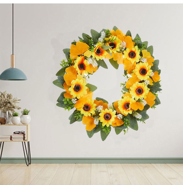 Milalit 41cm 15.7 Inch Sunflower Yellow Hanging Decorative PVC Material Wreath with Green Leaves for Garden School Kindergarten Decor PVC Artificial Sunflower Wreath Yellow Flowers Garland for Xmas Halloween Easter Thanksgiving Festival Room Door Decor