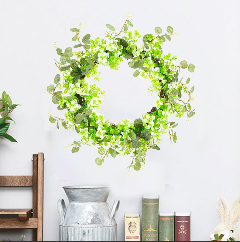 Milalit 51cm 20 inch Big Spring Summer Green Leaves Artificial Light Green Flowers Wreath with Tender Sprout for Halloween Theme Park Simulated Holly Floral Wreaths Garland for Christmas Fairy Tale Castle Front Door Stairs Fence Decoration