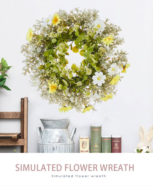 Milalit 30cm 11.8inch Small Daisy Yellow White Artificial Flowers Spring Flower with Eucalyptus Leaf Wreath for Living Room Wall Hanging 12'' Daisy Flower Wreath Eucalyptus Leaf Holly Hanging Garland for Wedding Room Church Birthday Bedroom Window Decor