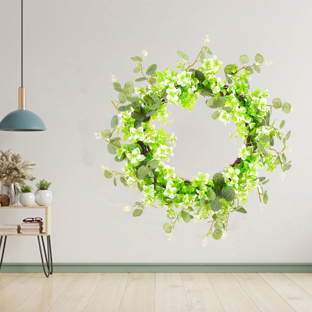 Milalit 51cm 20 inch Big Spring Summer Green Leaves Artificial Light Green Flowers Wreath with Tender Sprout for Halloween Theme Park Simulated Holly Floral Wreaths Garland for Christmas Fairy Tale Castle Front Door Stairs Fence Decoration