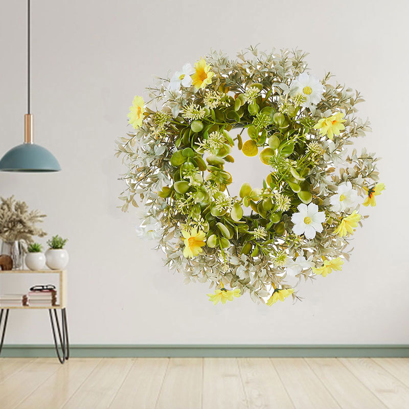 Milalit 30cm 11.8inch Small Daisy Yellow White Artificial Flowers Spring Flower with Eucalyptus Leaf Wreath for Living Room Wall Hanging 12'' Daisy Flower Wreath Eucalyptus Leaf Holly Hanging Garland for Wedding Room Church Birthday Bedroom Window Decor