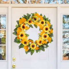 Milalit 41cm 15.7 Inch Sunflower Yellow Hanging Decorative PVC Material Wreath with Green Leaves for Garden School Kindergarten Decor PVC Artificial Sunflower Wreath Yellow Flowers Garland for Xmas Halloween Easter Thanksgiving Festival Room Door Decor