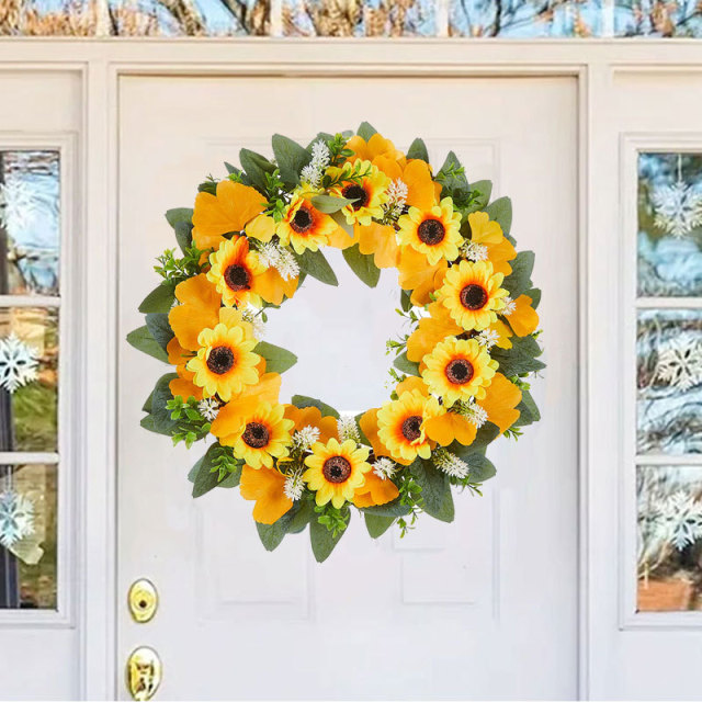 Milalit 41cm 15.7 Inch Sunflower Yellow Hanging Decorative PVC Material Wreath with Green Leaves for Garden School Kindergarten Decor PVC Artificial Sunflower Wreath Yellow Flowers Garland for Xmas Halloween Easter Thanksgiving Festival Room Door Decor