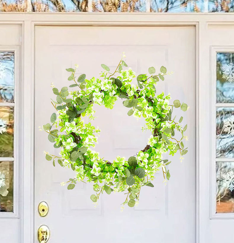 Milalit 51cm 20 inch Big Spring Summer Green Leaves Artificial Light Green Flowers Wreath with Tender Sprout for Halloween Theme Park Simulated Holly Floral Wreaths Garland for Christmas Fairy Tale Castle Front Door Stairs Fence Decoration