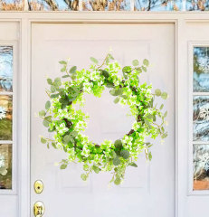 Milalit 51cm 20 inch Big Spring Summer Green Leaves Artificial Light Green Flowers Wreath with Tender Sprout for Halloween Theme Park Simulated Holly Floral Wreaths Garland for Christmas Fairy Tale Castle Front Door Stairs Fence Decoration