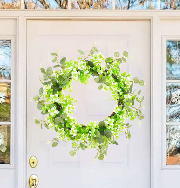 Milalit 51cm 20 inch Big Spring Summer Green Leaves Artificial Light Green Flowers Wreath with Tender Sprout for Halloween Theme Park Simulated Holly Floral Wreaths Garland for Christmas Fairy Tale Castle Front Door Stairs Fence Decoration