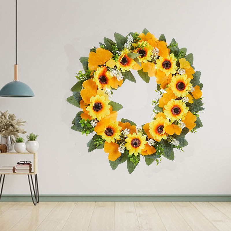 Milalit 41cm 15.7 Inch Sunflower Yellow Hanging Decorative PVC Material Wreath with Green Leaves for Garden School Kindergarten Decor PVC Artificial Sunflower Wreath Yellow Flowers Garland for Xmas Halloween Easter Thanksgiving Festival Room Door Decor