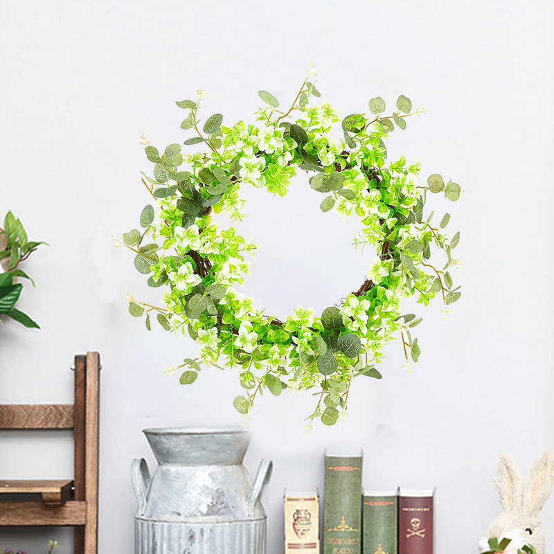 Milalit 51cm 20 inch Big Spring Summer Green Leaves Artificial Light Green Flowers Wreath with Tender Sprout for Halloween Theme Park Simulated Holly Floral Wreaths Garland for Christmas Fairy Tale Castle Front Door Stairs Fence Decoration