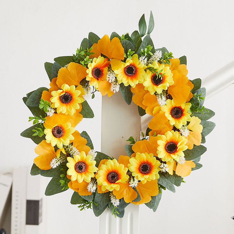 Milalit 41cm 15.7 Inch Sunflower Yellow Hanging Decorative PVC Material Wreath with Green Leaves for Garden School Kindergarten Decor PVC Artificial Sunflower Wreath Yellow Flowers Garland for Xmas Halloween Easter Thanksgiving Festival Room Door Decor