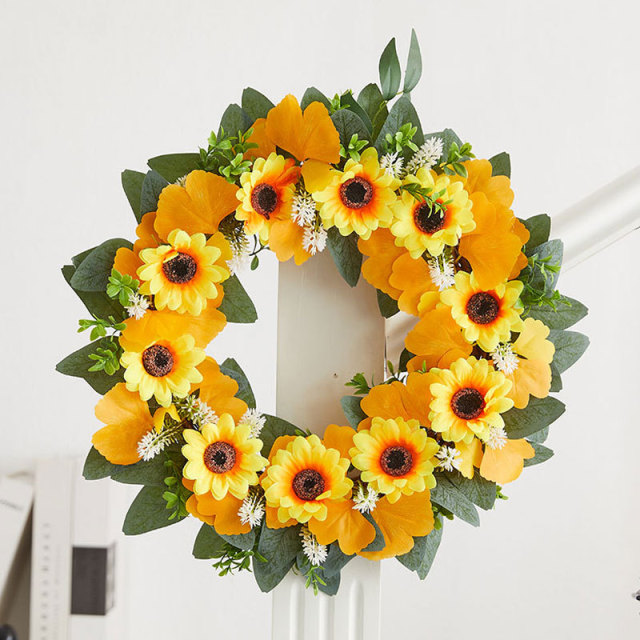 Milalit 41cm 15.7 Inch Sunflower Yellow Hanging Decorative PVC Material Wreath with Green Leaves for Garden School Kindergarten Decor PVC Artificial Sunflower Wreath Yellow Flowers Garland for Xmas Halloween Easter Thanksgiving Festival Room Door Decor