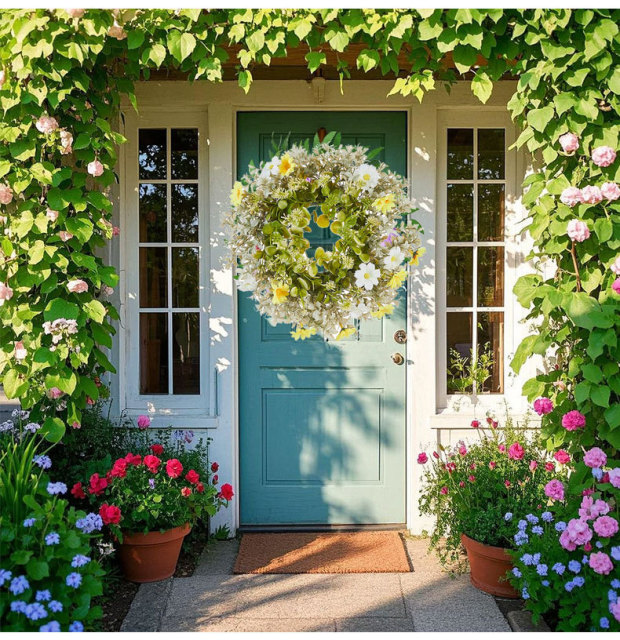 Milalit 30cm 11.8inch Small Daisy Yellow White Artificial Flowers Spring Flower with Eucalyptus Leaf Wreath for Living Room Wall Hanging 12'' Daisy Flower Wreath Eucalyptus Leaf Holly Hanging Garland for Wedding Room Church Birthday Bedroom Window Decor