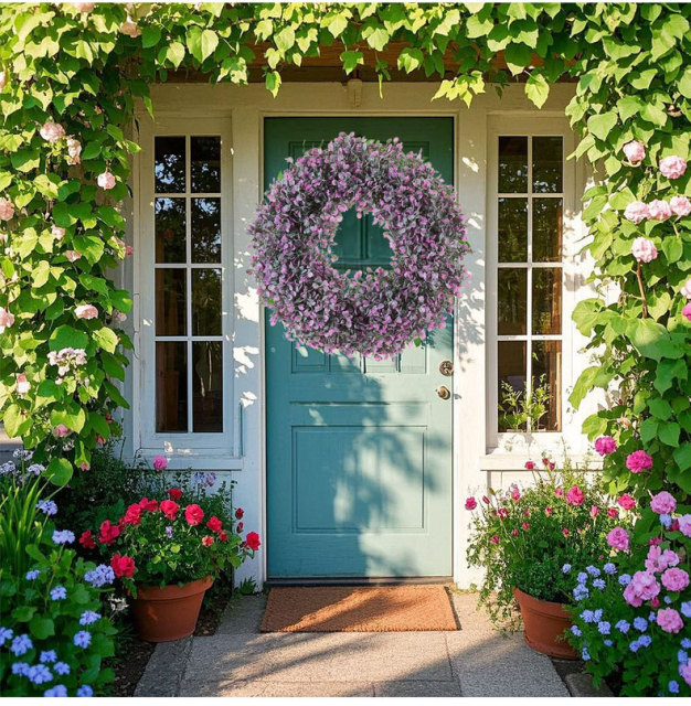 Milalit 36cm 14.1 Inch Purple Wisteria Blossom Artificial Flowers Spring Summer Wreath for All Season Front Door Villa Warehouse Decor 14'' Holly Wisteria Flower Artificial Floral Wreath Hanged Garland for Wedding Room Church Classroom Bedroom Window