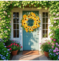 Milalit 41cm 15.7 Inch Sunflower Yellow Hanging Decorative PVC Material Wreath with Green Leaves for Garden School Kindergarten Decor PVC Artificial Sunflower Wreath Yellow Flowers Garland for Xmas Halloween Easter Thanksgiving Festival Room Door Decor