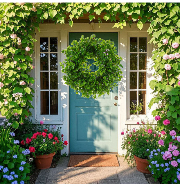 Milalit 43cm 17inch Spring Money Tree Green Leaves Wreath Life-like Greenery Hanging Garland for Home Wedding Wall Window Decoration Front Door Wreaths Artificial Spring Summer All Season Fit Green Wreath for Christmas Halloween Farmhouse