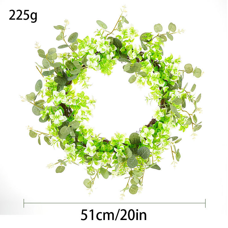 Milalit 51cm 20 inch Big Spring Summer Green Leaves Artificial Light Green Flowers Wreath with Tender Sprout for Halloween Theme Park Simulated Holly Floral Wreaths Garland for Christmas Fairy Tale Castle Front Door Stairs Fence Decoration