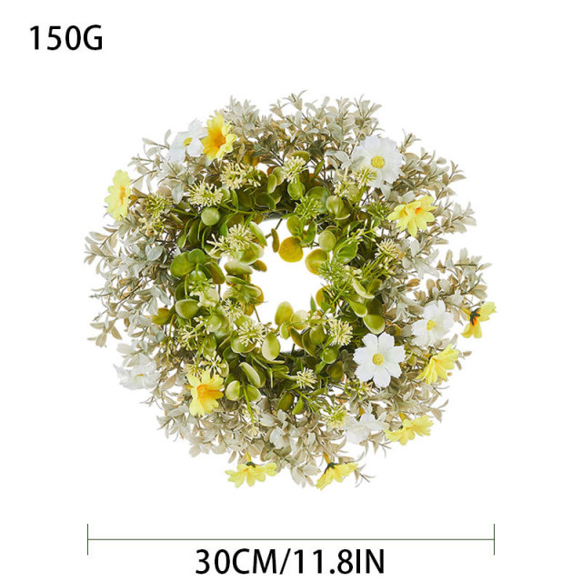 Milalit 30cm 11.8inch Small Daisy Yellow White Artificial Flowers Spring Flower with Eucalyptus Leaf Wreath for Living Room Wall Hanging 12'' Daisy Flower Wreath Eucalyptus Leaf Holly Hanging Garland for Wedding Room Church Birthday Bedroom Window Decor