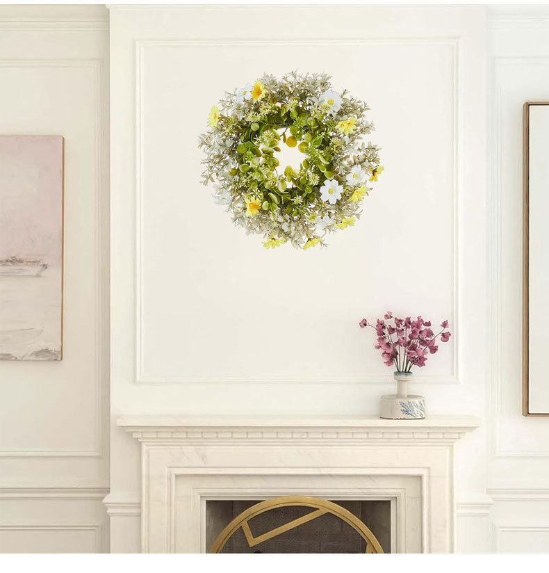 Milalit 30cm 11.8inch Small Daisy Yellow White Artificial Flowers Spring Flower with Eucalyptus Leaf Wreath for Living Room Wall Hanging 12'' Daisy Flower Wreath Eucalyptus Leaf Holly Hanging Garland for Wedding Room Church Birthday Bedroom Window Decor