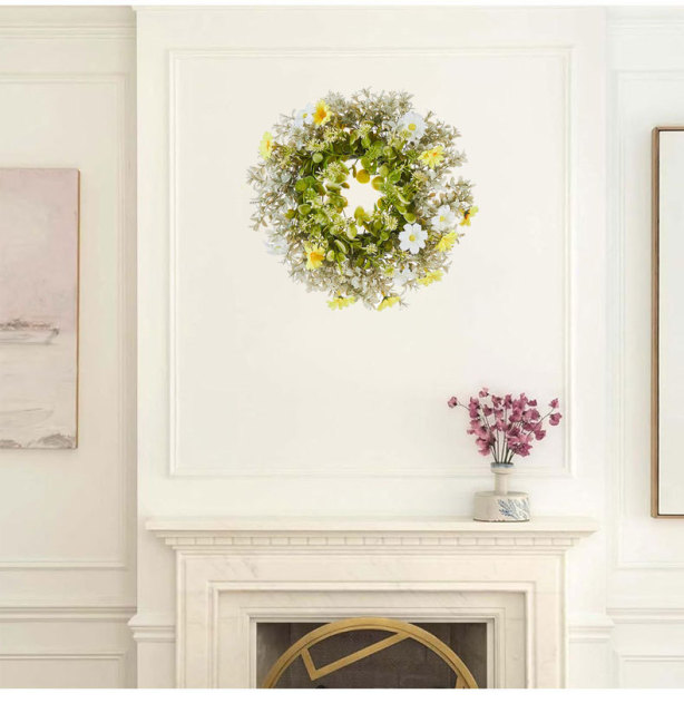 Milalit 30cm 11.8inch Small Daisy Yellow White Artificial Flowers Spring Flower with Eucalyptus Leaf Wreath for Living Room Wall Hanging 12'' Daisy Flower Wreath Eucalyptus Leaf Holly Hanging Garland for Wedding Room Church Birthday Bedroom Window Decor