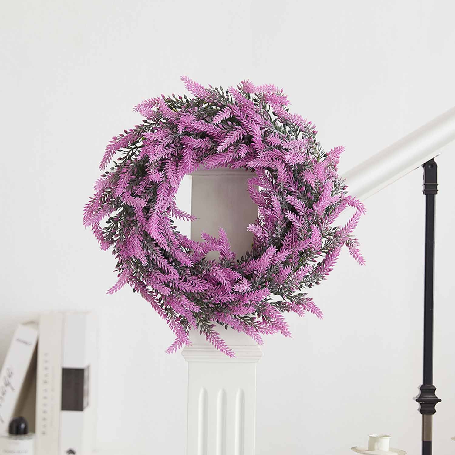 Milalit 36cm 14.1 Inch Diameter Artificial Simulated Purple Lavender Flowers Wreath PVC Floral Decorated Garland for Wedding Front Door Hanging Spring Wall Mounted Wreaths for Farmhouse Home Art Office Easter Thanksgiving Xmas Valentine's Day Decoration