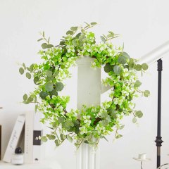 Milalit 51cm 20 inch Big Spring Summer Green Leaves Artificial Light Green Flowers Wreath with Tender Sprout for Halloween Theme Park Simulated Holly Floral Wreaths Garland for Christmas Fairy Tale Castle Front Door Stairs Fence Decoration