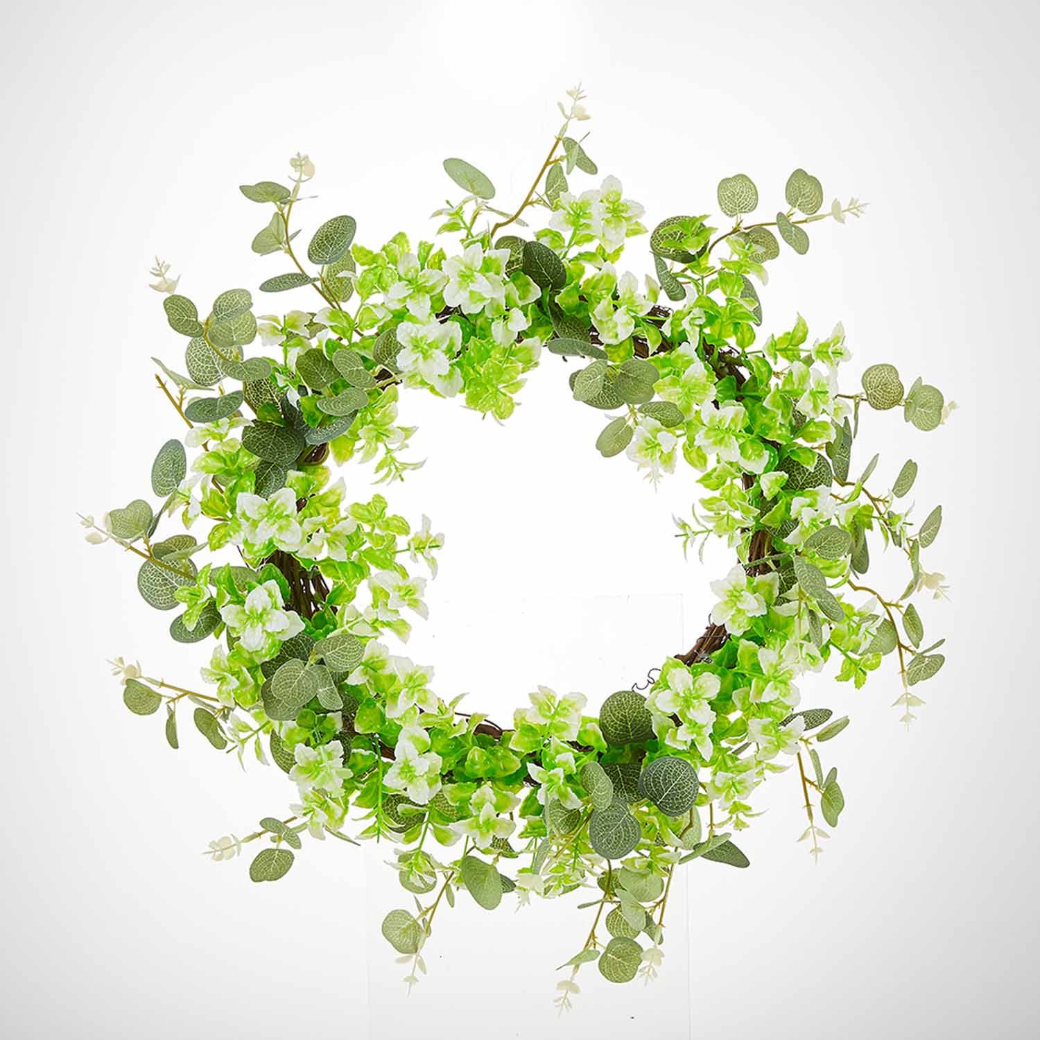 Milalit 51cm 20 inch Big Spring Summer Green Leaves Artificial Light Green Flowers Wreath with Tender Sprout for Halloween Theme Park Simulated Holly Floral Wreaths Garland for Christmas Fairy Tale Castle Front Door Stairs Fence Decoration