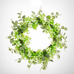 Milalit 51cm 20 inch Big Spring Summer Green Leaves Artificial Light Green Flowers Wreath with Tender Sprout for Halloween Theme Park Simulated Holly Floral Wreaths Garland for Christmas Fairy Tale Castle Front Door Stairs Fence Decoration