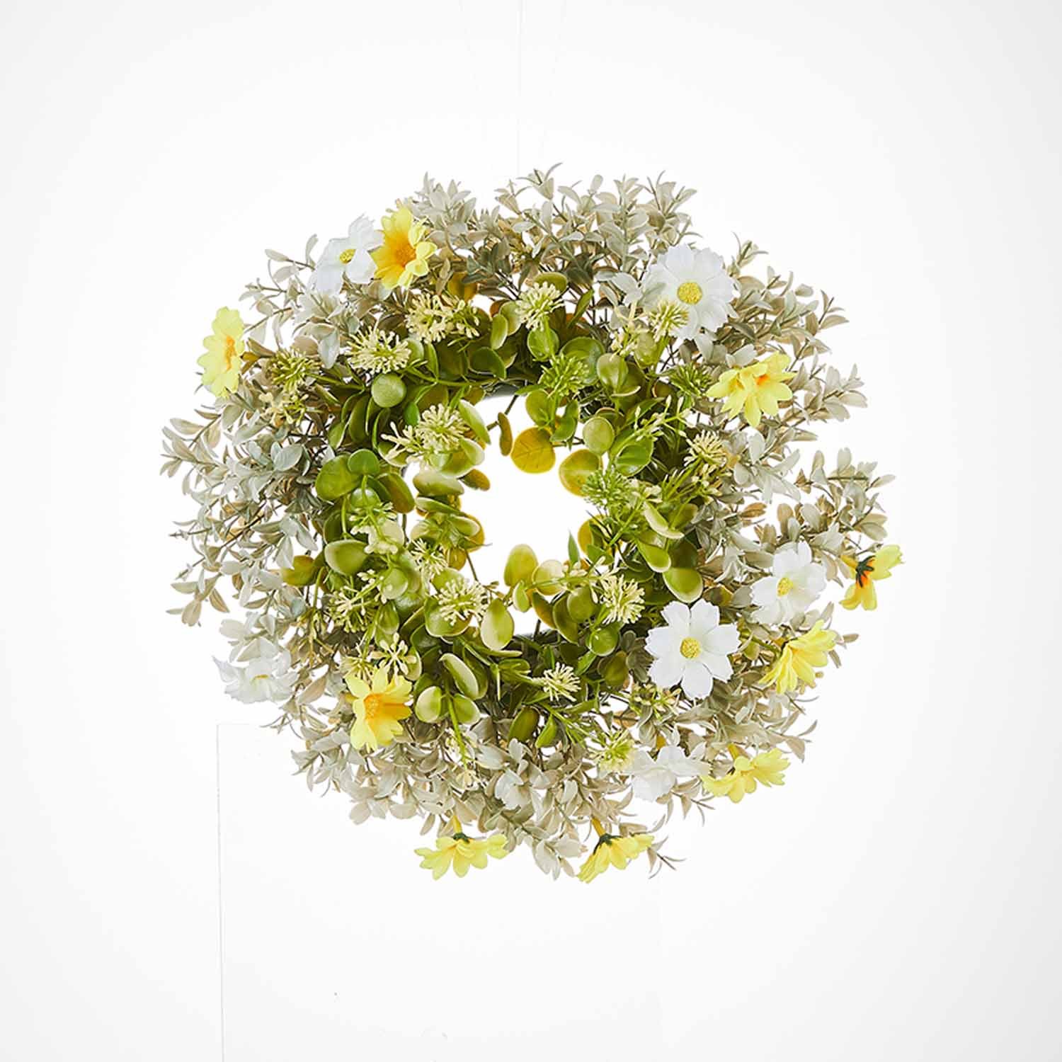 Milalit 30cm 11.8inch Small Daisy Yellow White Artificial Flowers Spring Flower with Eucalyptus Leaf Wreath for Living Room Wall Hanging 12'' Daisy Flower Wreath Eucalyptus Leaf Holly Hanging Garland for Wedding Room Church Birthday Bedroom Window Decor