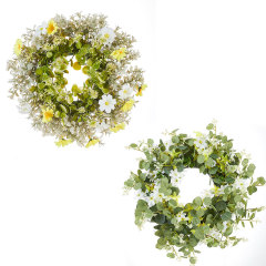 Milalit 30cm 11.8inch Small Daisy Yellow White Artificial Flowers Spring Flower with Eucalyptus Leaf Wreath for Living Room Wall Hanging 12'' Daisy Flower Wreath Eucalyptus Leaf Holly Hanging Garland for Wedding Room Church Birthday Bedroom Window Decor