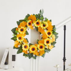 Milalit 41cm 15.7 Inch Sunflower Yellow Hanging Decorative PVC Material Wreath with Green Leaves for Garden School Kindergarten Decor PVC Artificial Sunflower Wreath Yellow Flowers Garland for Xmas Halloween Easter Thanksgiving Festival Room Door Decor