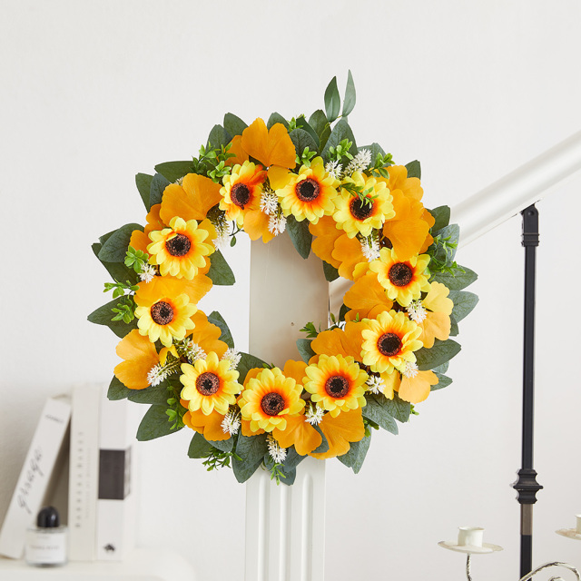 Milalit 41cm 15.7 Inch Sunflower Yellow Hanging Decorative PVC Material Wreath with Green Leaves for Garden School Kindergarten Decor PVC Artificial Sunflower Wreath Yellow Flowers Garland for Xmas Halloween Easter Thanksgiving Festival Room Door Decor