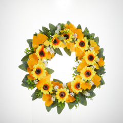 Milalit 41cm 15.7 Inch Sunflower Yellow Hanging Decorative PVC Material Wreath with Green Leaves for Garden School Kindergarten Decor PVC Artificial Sunflower Wreath Yellow Flowers Garland for Xmas Halloween Easter Thanksgiving Festival Room Door Decor
