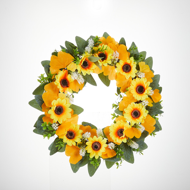 Milalit 41cm 15.7 Inch Sunflower Yellow Hanging Decorative PVC Material Wreath with Green Leaves for Garden School Kindergarten Decor PVC Artificial Sunflower Wreath Yellow Flowers Garland for Xmas Halloween Easter Thanksgiving Festival Room Door Decor